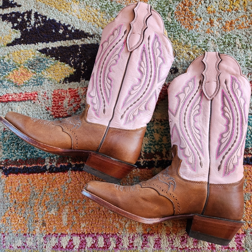 JUSTIN Punchy Pink Westerner Cowhide Foot COFFEE Leather Cowgirl Boots 8.5B EU C - Picture 10 of 16